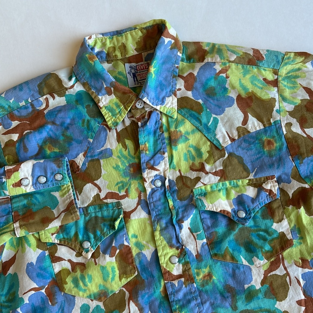 Vintage Levi’s 50’s‎ Western Stamped Pearl Snap Shirt Blue Green Floral Small